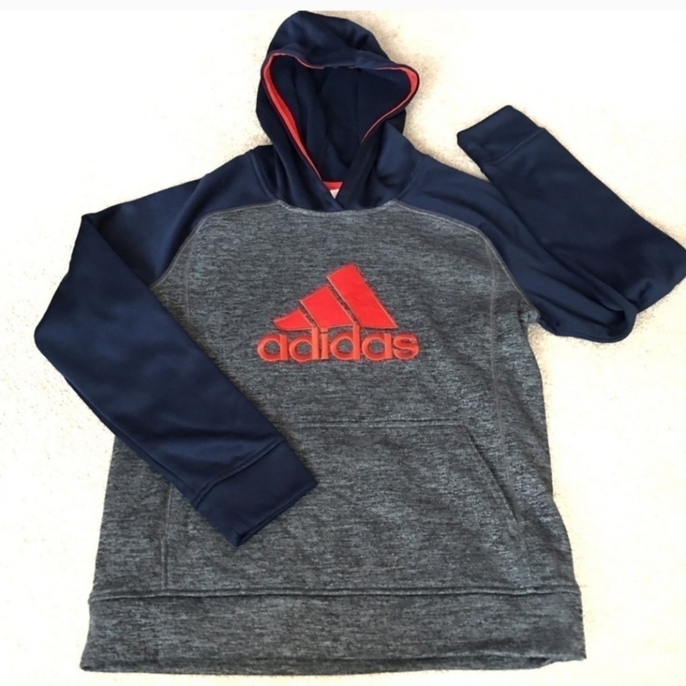 Adidas Heather Gray/Navy Colorblock Orange Logo Hoodie Hooded Sweatshirt Boy's M